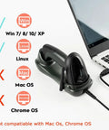 Wireless Barcode Scanner With USB Cradle Charging Base Plug And Play Setup 328 Feet Transmission Range 1D Cordless Laser Barcode Reader next to a laptop