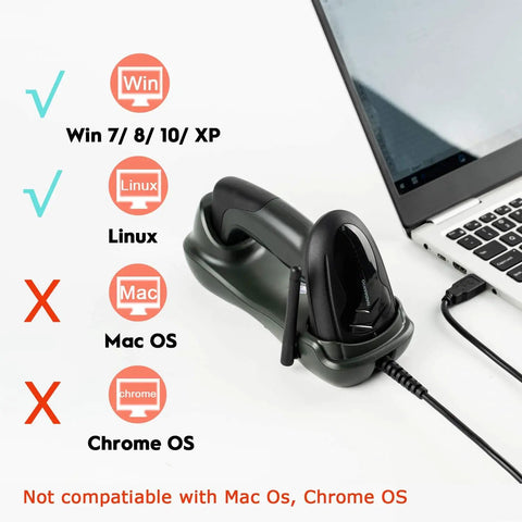Wireless Barcode Scanner With USB Cradle Charging Base Plug And Play Setup 328 Feet Transmission Range 1D Cordless Laser Barcode Reader next to a laptop