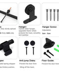Bypass Sliding Barn Door Rail Hardware Kit parts including track, hanger, screws, stopper, and guides with carbon steel construction.