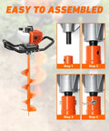 63cc Gas Powered Post Hole Digger Auger Drill With 8 Inch Drill Bits assembly steps shown in four images