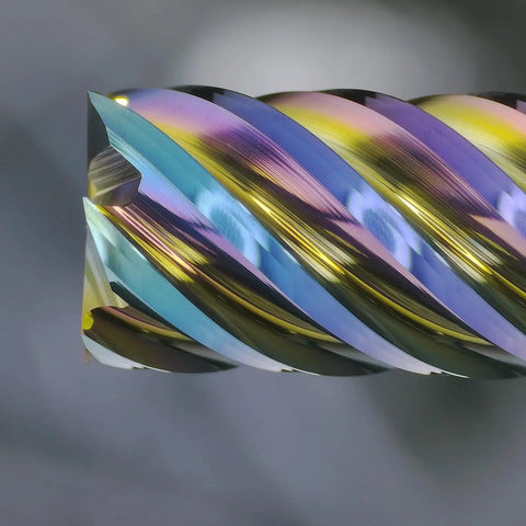 Close-up of Must-Have Carbide End Mills Six Flute Square Milling Cutter With DLC Coating for high precision milling in CNC machining.