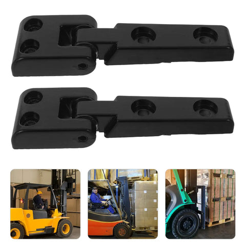 Rugged Heavy Duty Forklift Hood Hinge Kit 2 Pack with dual shaft and metal engine cover hardware, shown with forklifts in use.