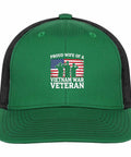 Green Womens Trucker Hat With Veteran Vietnam War Theme, breathable mesh cap featuring 'Proud Wife of a Vietnam War Veteran' design