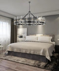 Black Wagon Wheel Chandelier With 20 Lights Modern Farmhouse Pendant Light 60 Inch in bedroom setting