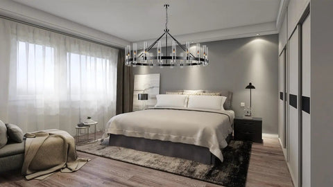 Black Wagon Wheel Chandelier With 20 Lights Modern Farmhouse Pendant Light 60 Inch in bedroom setting