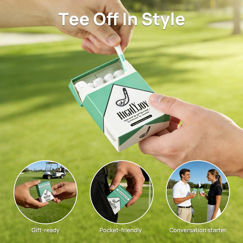 Funny Golf Tees Set With Flip Open Box 18 Pack Premium Three And A Quarter Inch Tees displayed outdoors on a golf course