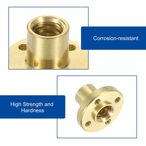 Top Shelf TR8x2 Lead Screw Brass Nuts, Bulletproof Trapezoidal Linear Guide Blocks With Silky Smooth Glide showing brass construction with inner threads.
