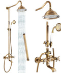 Exposed Antique Brass Shower System Set With 8 Inch Rain Shower Head, Dual Knob Handles, Three Function Tub Spout, Go-To Diverter Valve, High Flow 1.4 GPM, Built Tough Brass Fixture For Modern Bathrooms