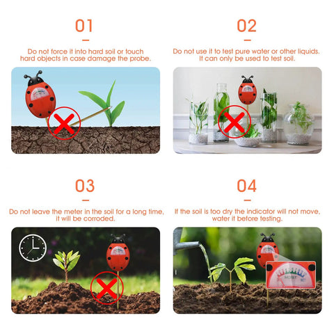 Four instructional images showing correct and incorrect use of Soil Moisture Meter For Plants, Easy Watering Guide With Clear Reading Dial.