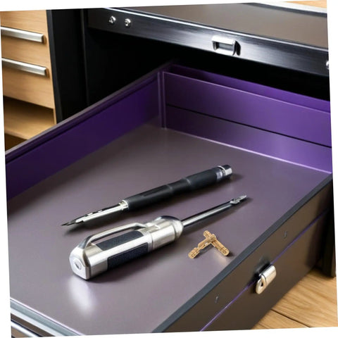 Brass Hidden Hinges Set For Wooden Boxes And Cabinets with tools in a drawer. 25 pieces hidden barrel hinges for gifting.