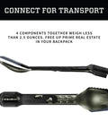 ComplEAT Camping Utensils Set For Outdoor Cooking With Fork Spoon Tongs Spatula And Four Function Multi Tool Ultra Lightweight Backpacking Cookware Kit In Flat Sage showing compact, nested design for easy transport.