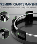 Close-up of stainless steel clips and black ABS material in 4 Pack Snap On Car Wheel Hub Center Caps featuring tight fit.
