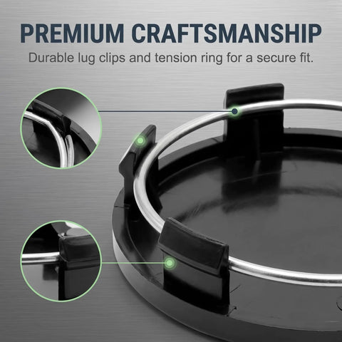 Close-up of stainless steel clips and black ABS material in 4 Pack Snap On Car Wheel Hub Center Caps featuring tight fit.