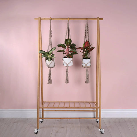Wooden plant stand with hanging pots on Mini 1 Inch Swivel Threaded Stem Casters M6x15mm With TPE Quiet Wheels Chrome Plated Steel Frame