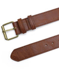 Easy Adjust Vintage Brown Leather Waist Belt With Heavy Duty Industrial Buckle showing buckle and strap detail.