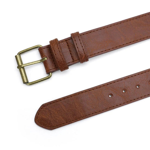 Easy Adjust Vintage Brown Leather Waist Belt With Heavy Duty Industrial Buckle showing buckle and strap detail.