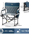 Aluminum Camping Directors Chair With Side Table Pocket Portable Folding Lawn Chair For Fishing Trips Picnics Concerts And Other Outdoorsy Fun Heavy Duty 400 Lbs Capacity Navy, unfolded and folded views showing dimensions.