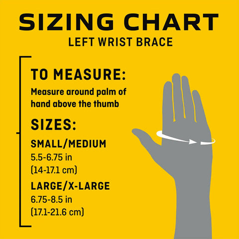 Sizing chart for Left Hand Compression Wrist Brace With Three Adjustable Straps For A Custom Fit And Moderate Support Lets Your Fingers Move Naturally Easy To Use Black Size L/XL