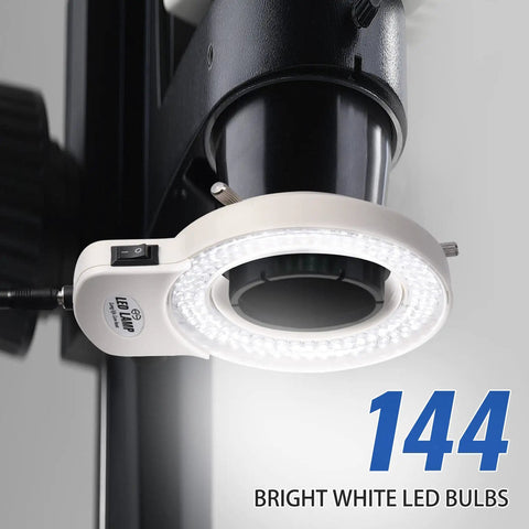 144 LED Non Flashing Microscope Ring Light With Adjustable Illuminator And Protective Cover For Microscopes Cameras And Mini Lathes White Shadow Free Illumination Stepless Dimmer For Pro Grade Brightness on black microscope mount