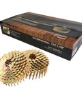 Heavy Duty Coil Roofing Nails 1 1/4 Inch Electro Galvanized Smooth Shank 15 Degree Spiral Fasteners in coil and box display.