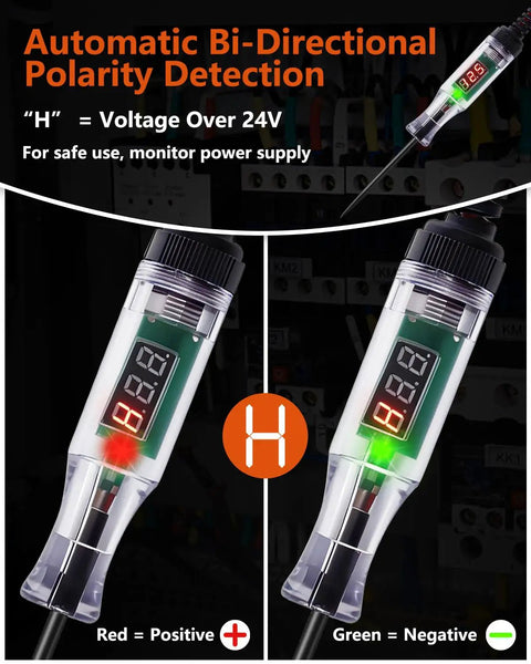 3-48V Automotive Test Light With Digital LED Voltage Tester Polarity Indicator 87 Inch Spring Cable And Stainless Steel Probe For Car RV Truck Fuse Battery Detection Easy Plug And Play Electrical Diagnostics; red/green polarity display