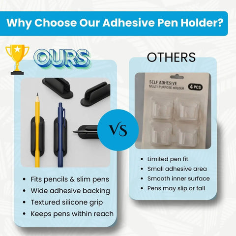 Comparison of Adhesive Pencil Holder Kit Ten Pack and other pen holders, showing fit and adhesive quality
