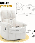 Dimensions of Beige Chenille Swivel Rocker Recliner For Adults In Small Spaces with side view illustration.