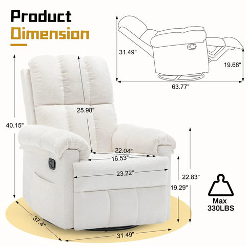 Dimensions of Beige Chenille Swivel Rocker Recliner For Adults In Small Spaces with side view illustration.
