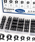 Eoppen 72pcs spring hose clamp assortment kit for automotive use, 6 sizes 7–18mm, black in clear plastic case.