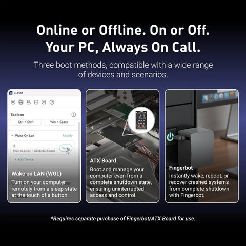 Comet Pro Remote KVM Over WiFi Dual Band WiFi 6 Desktop KVM interface with boot method options.