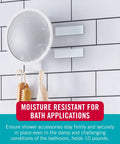 Heavy Duty Moisture Resistant Mounting Tape White 10 Foot Roll shown securing a round mirror and bath accessories.