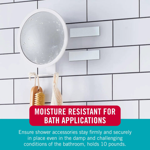 Heavy Duty Moisture Resistant Mounting Tape White 10 Foot Roll shown securing a round mirror and bath accessories.