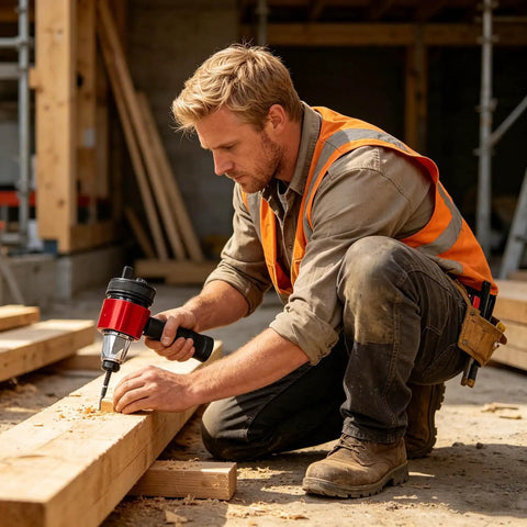 Worker using All-In-One Electric Rivet Gun Adapter Kit For M3 To M8 With Quick Change Blind Rivets And Insert Nuts on wood