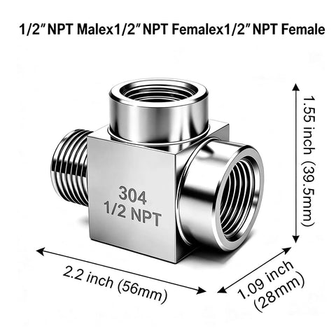 Heavy Duty 1/2 Inch Npt Tee Pipe Fitting Built Tough Using Premium 304 Stainless Steel For Bulletproof three way connections dimensions and overview.
