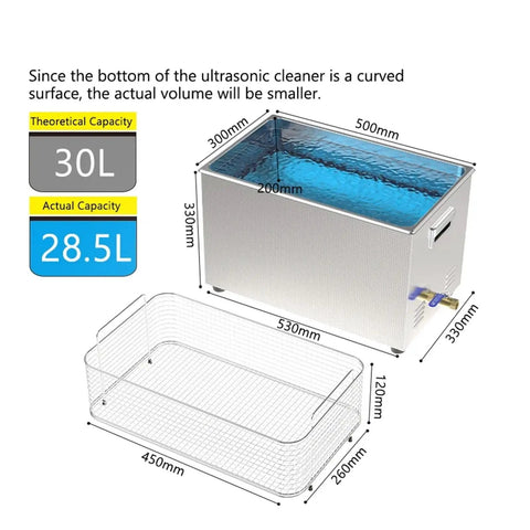 Image showing dimensions of the Heavy Duty 800W Ultrasonic Cleaner with Multi Frequency Tank and Digital Timer, featuring a 30L capacity tank.