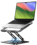 Grab And Go Portable Laptop Stand With 360 Degree Rotation Base, Ergonomic Riser, holding MacBook Pro, black color, front view