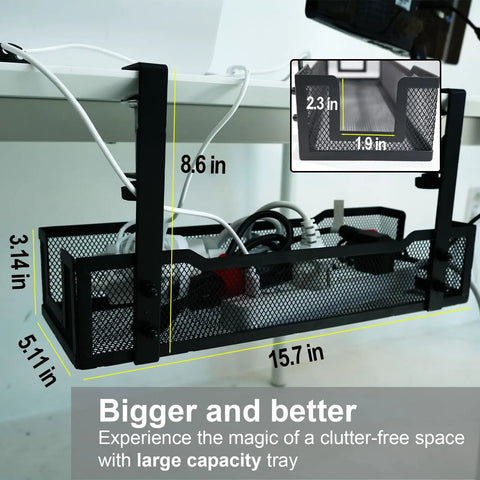Under Desk Cable Management Tray With Clamp For Quick No Drill Setup installed under desk holding cables and power strips