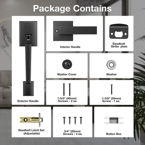 Package contents of Black Front Door Handle With Passage Lever No Lock Exterior Door Handle For Left Or Right Hand Doors