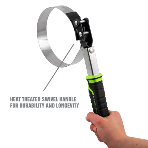 Swivel Oil Filter Wrench For 4-3/4 To 5-3/4 Inch Filters, showing dimpled steel band grippers and padded TPR handle in use.