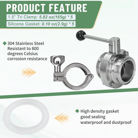 Pindex 5-pack 1.5-inch tri-clamp fittings, 304 stainless steel with silicone gaskets for sanitary TC connections