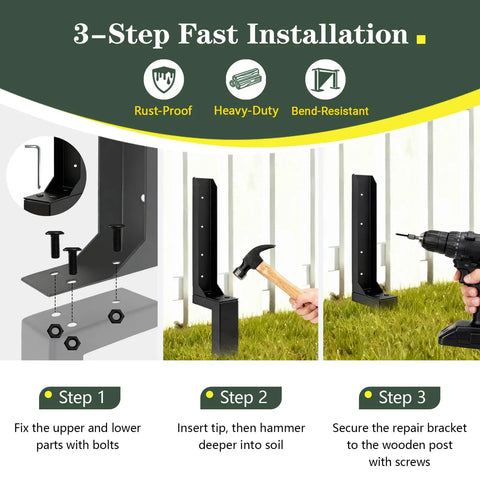 Installation steps for Beefed Up Heavy Duty Fence Post Anchor and Repair Kit for 4x4 and 6x6 Wood Posts Galvanized Steel L Shape Stabilizer
