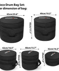 5-Piece Drum Bag Set showing inner dimensions 65cm, 49cm, and 40cm sizes, made of durable black nylon for touring musicians.