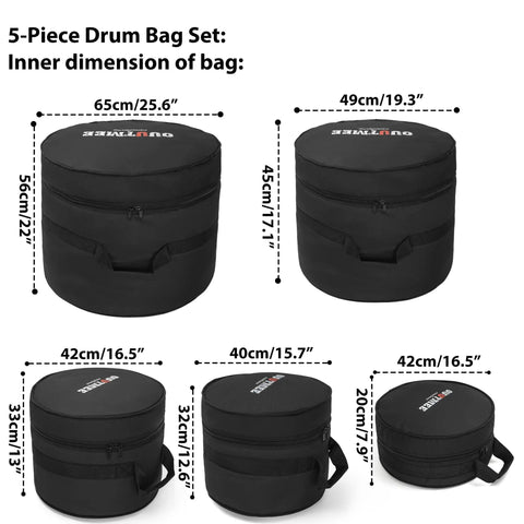 5-Piece Drum Bag Set showing inner dimensions 65cm, 49cm, and 40cm sizes, made of durable black nylon for touring musicians.