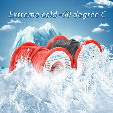 14 Gauge Silicone Wire Spool Red And Black 25ft Flexible 14 AWG Stranded Tinned Copper Wire shown in icy conditions