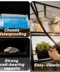Indoor Mushroom Grow Tent Kit With Sturdy Racks For Trays And Fruiting Blocks, showing waterproofing, strong racks, easy-viewing feature