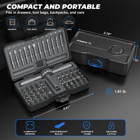 Top Shelf 67 In 1 Ratcheting Screwdriver Set With Badass High Torque Drive and Flexible Hand Grip showing a compact, portable case with various bits.