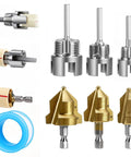 Four In One PVC Pipe Threader And Reaming Tool Set for internal and external threads, includes reaming bits and PTFE tape.