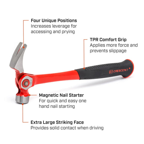 18 Oz Steel Indexing Claw Hammer With Cushion Grip Handle For Nail Driving Magnetic Nail Starter And Four Position Leverage