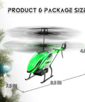 Kid Friendly RC Helicopter With Dual Batteries For Up To 30 Minute Flight, dimensions 8.5x7.5x4.8 inches, green with LED lights.