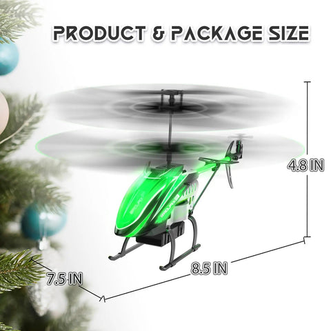 Kid Friendly RC Helicopter With Dual Batteries For Up To 30 Minute Flight, dimensions 8.5x7.5x4.8 inches, green with LED lights.